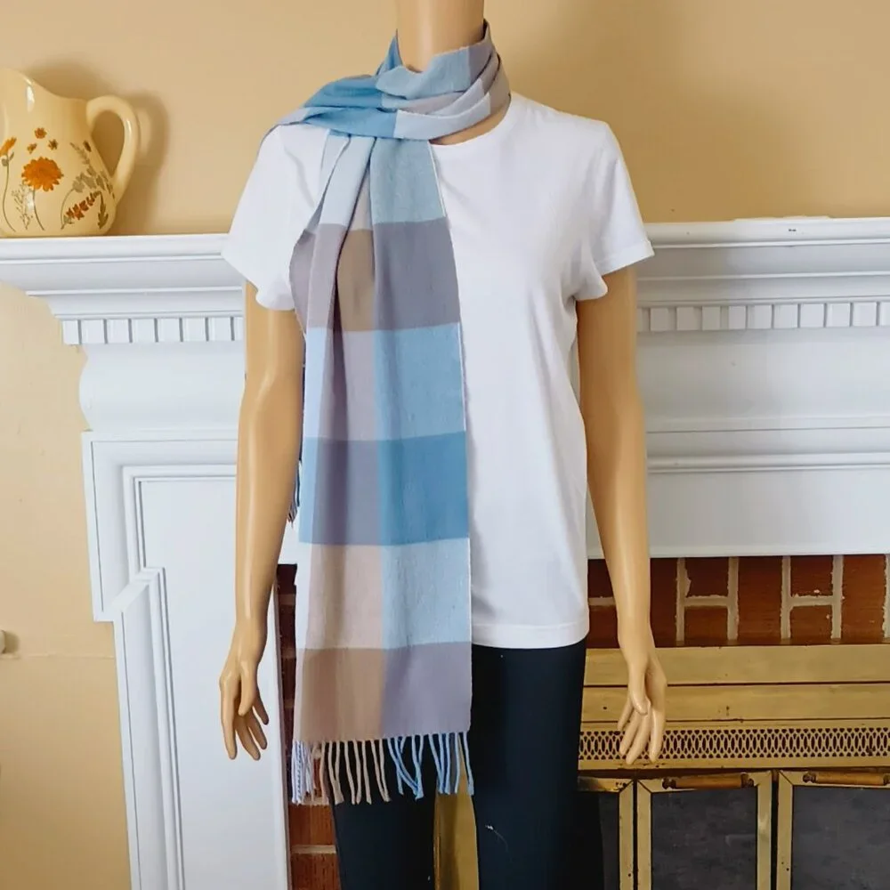 Blue Plaid Cashmere Scarf 72x12 Unisex Rectangle Fringe Made in Hong Kong